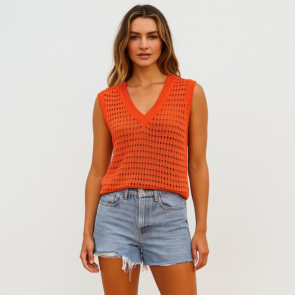 BAILEY/44 Bright Orange Open Knit Sweater Vest Womens Sz M Fall Layering Preppy - Picture 1 of 4